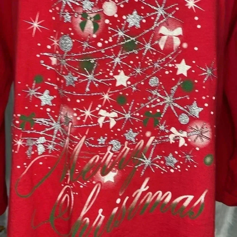 Fashion Bug Women’s 0X Red Long Sleeve Merry Christmas Silver Glitter Tree Shirt - Picture 6 of 9